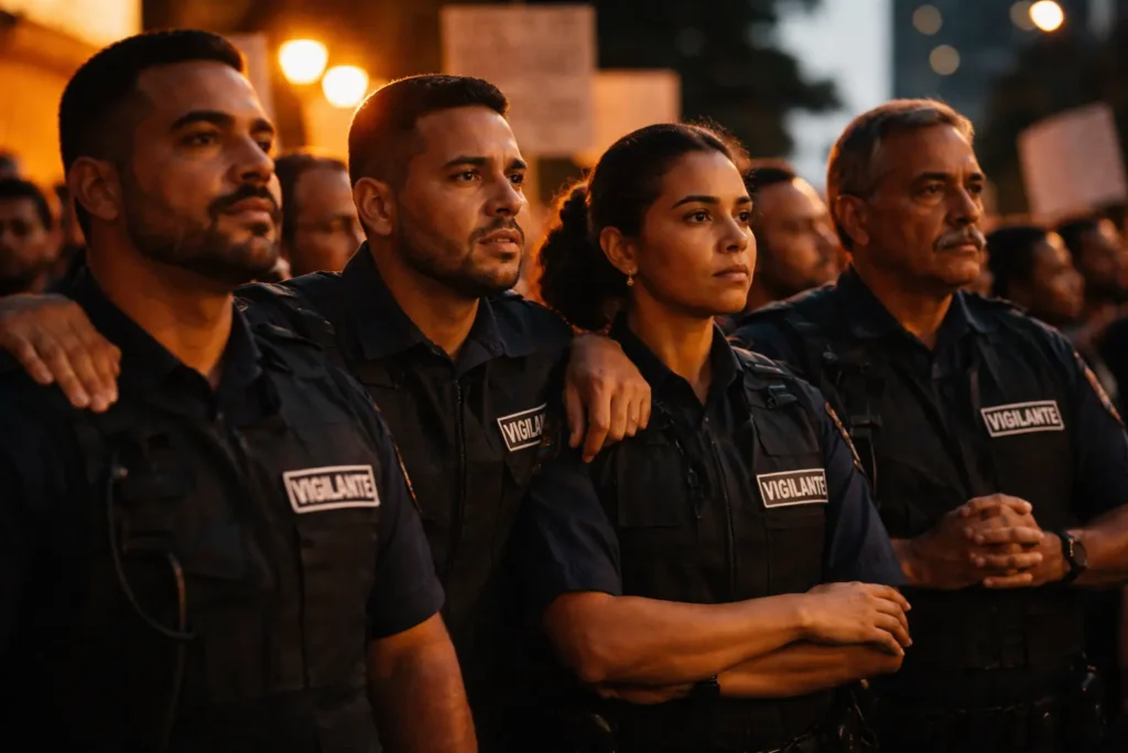 Grupo de vigilantes unidos em frente ao Congresso Nacional em Brasília, representando a luta pela aprovação do piso nacional unificado.