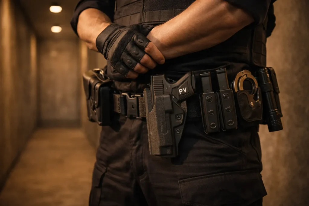 Sobrevivência e Técnica: Qual a Melhor Arte Marcial para vigilantes? 5 Detalhe de cinto tático de vigilante com foco na retenção de arma durante combate.