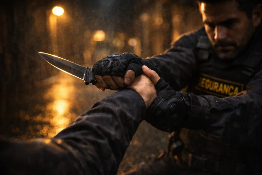 Sobrevivência e Técnica: Qual a Melhor Arte Marcial para vigilantes? 3 gente de segurança realizando técnica de desarmamento de faca do Krav Maga.