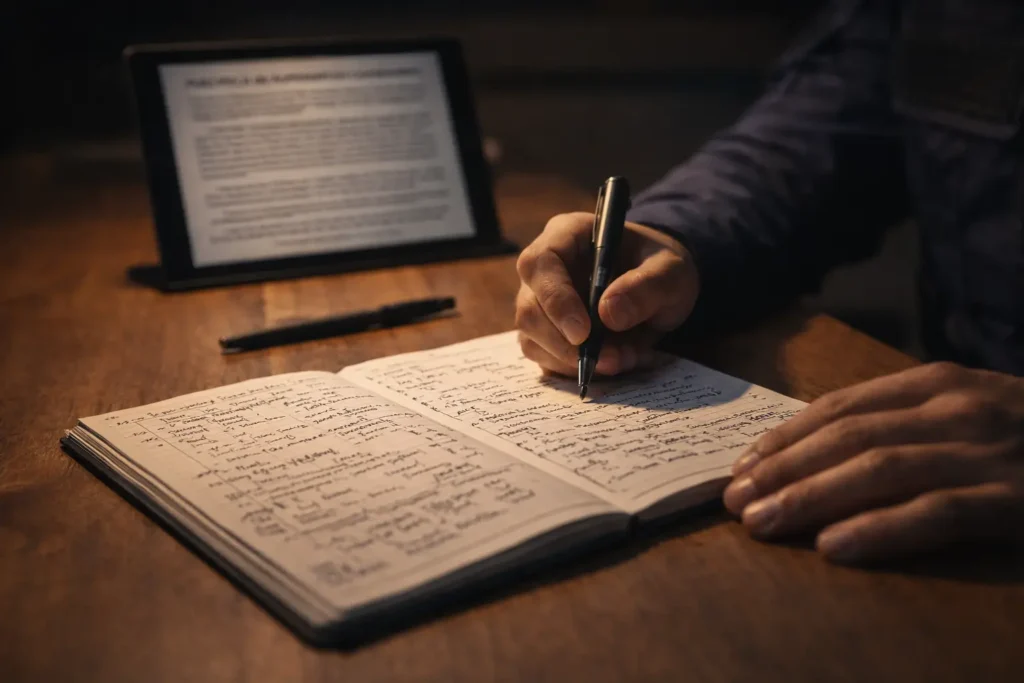 Concurso GCM SP 2026: O Guia Definitivo para Vigilantes conquistarem as 500 vagas 3 Candidato estudando o edital e fazendo anotações para o Concurso GCM SP 2026