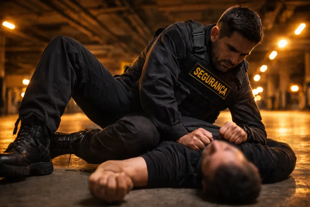 Sobrevivência e Técnica: Qual a Melhor Arte Marcial para vigilantes? 2 arte marcial para vigilantes Vigilante aplicando imobilização técnica de jiu-jitsu para controle de agressor.