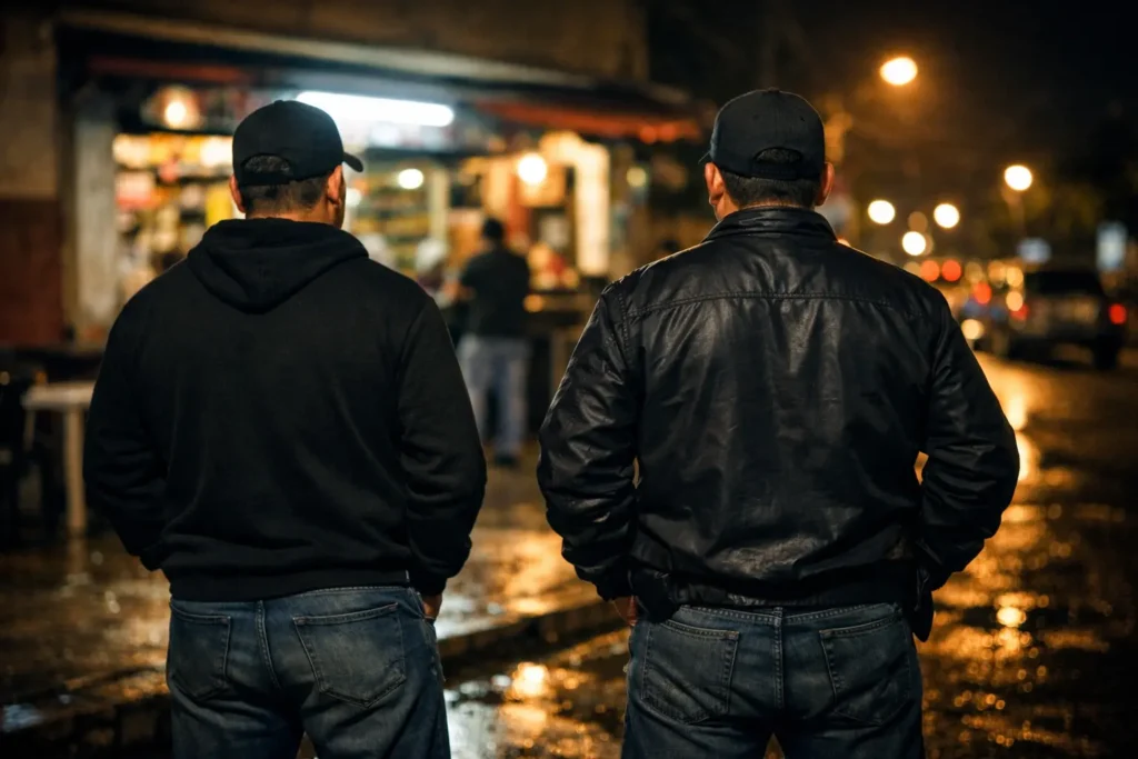 Dois homens sem farda oficial e sem identificação da Polícia Federal, representando seguranças clandestinos Estatuto da Segurança Privada Lei 14.967 ("bicos") em frente a um bar à noite.