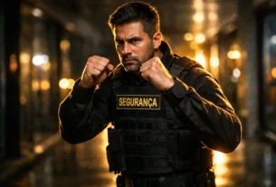 Vigilante em postura de combate focado em treinamento de defesa pessoal tática.