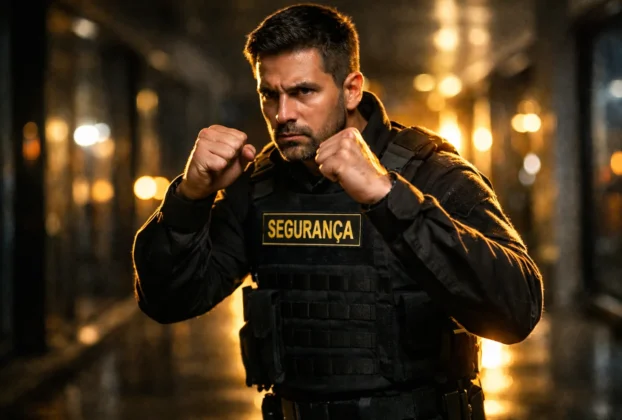 Vigilante em postura de combate focado em treinamento de defesa pessoal tática.