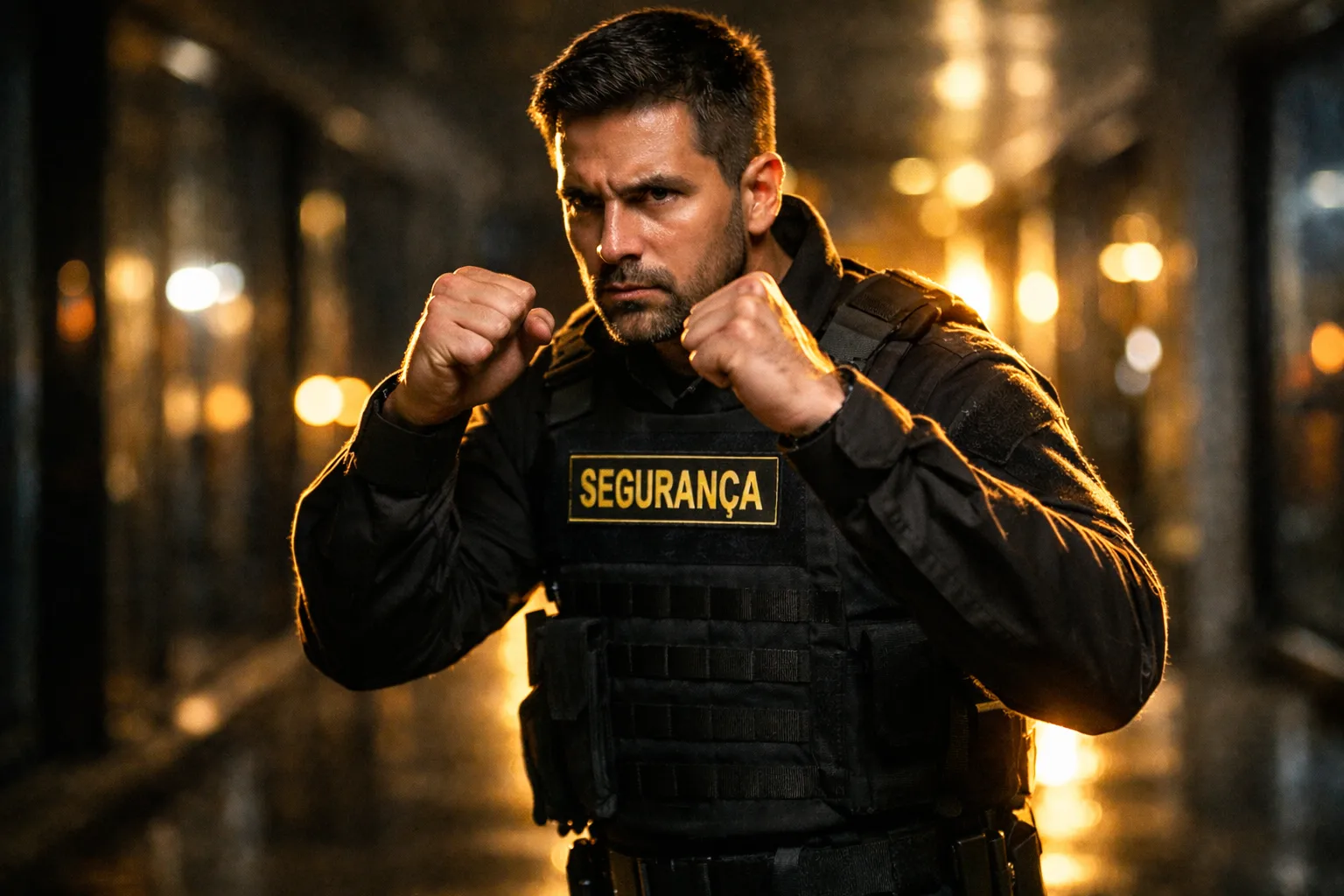 Sobrevivência e Técnica: Qual a Melhor Arte Marcial para vigilantes? 1 Vigilante em postura de combate focado em treinamento de defesa pessoal tática.