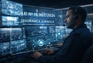 Vigilante em central de monitoramento analisando o novo Estatuto da Segurança Privada Lei 14.967 e segurança jurídica.