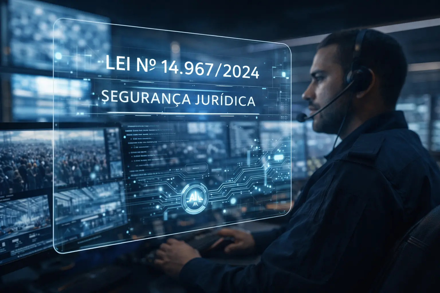 Vigilante em central de monitoramento analisando o novo Estatuto da Segurança Privada Lei 14.967 e segurança jurídica.
