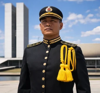 Oficial da PMDF fardado em frente ao Congresso Nacional em Brasília - Concurso CFO 2026.