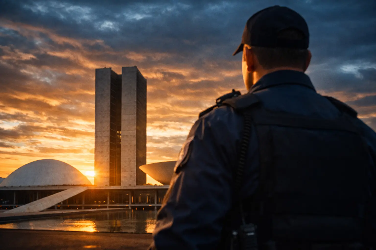 Piso nacional do Vigilante profissional em uniforme azul-marinho posicionado em frente a um edifício comercial, representando a prontidão e a responsabilidade da categoria.