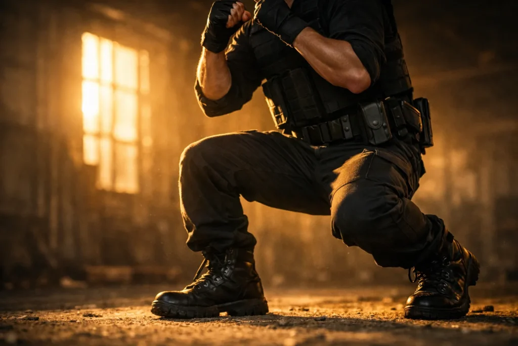 Sobrevivência e Técnica: Qual a Melhor Arte Marcial para vigilantes? 4 Vigilante em base de combate de Muay Thai para proteção de perímetro.