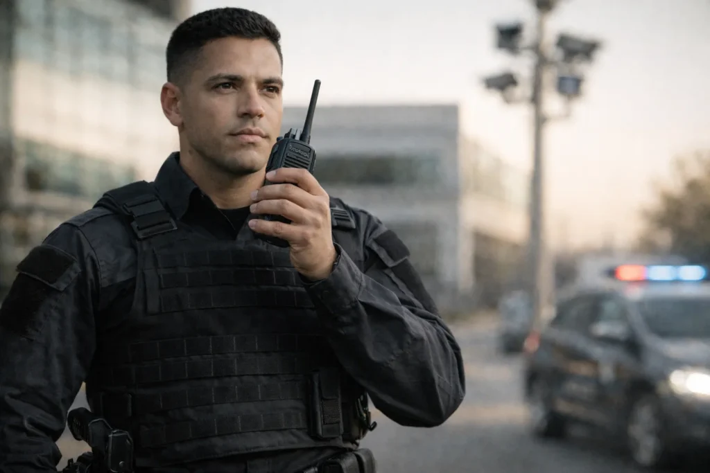 como se tornar vigilante profissional operando rádio HT Motorola com viatura policial desfocada ao fundo em seu primeiro posto de trabalho em 2026