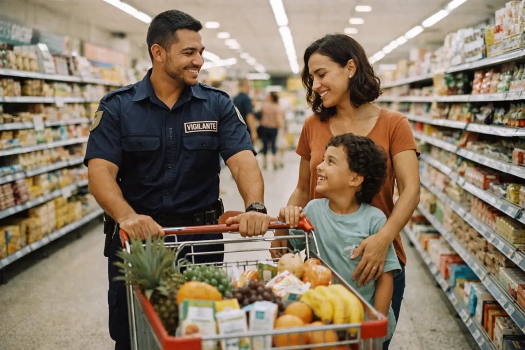 Vigilante brasileiro fazendo compras em um supermercado com sua família, simbolizando o impacto positivo do novo piso salarial na economia local.