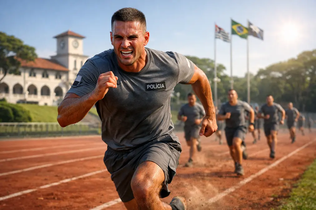 Candidato realizando prova de corrida no TAF do Concurso PM SP 2026