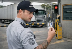 Vigilante profissional fardado com tatuagem de leão visível no braço, verificando crachá na portaria de um posto de serviço.