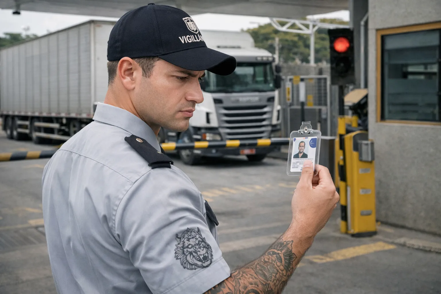 Vigilante pode ter barba? Veja as 5 regras da Lei em 2026 1 Vigilante profissional fardado com tatuagem de leão visível no braço, verificando crachá na portaria de um posto de serviço.