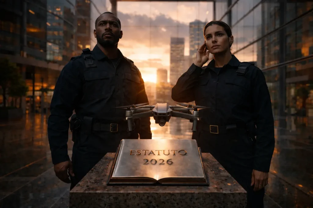 Dois vigilantes de elite fardados, um homem e uma mulher, em frente a prédio moderno com drone e livro do Estatuto 2026 no pôr do sol.