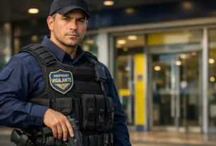 Vigilante uniformizado e armado em serviço focado no porte de arma do vigilante no posto de trabalho.