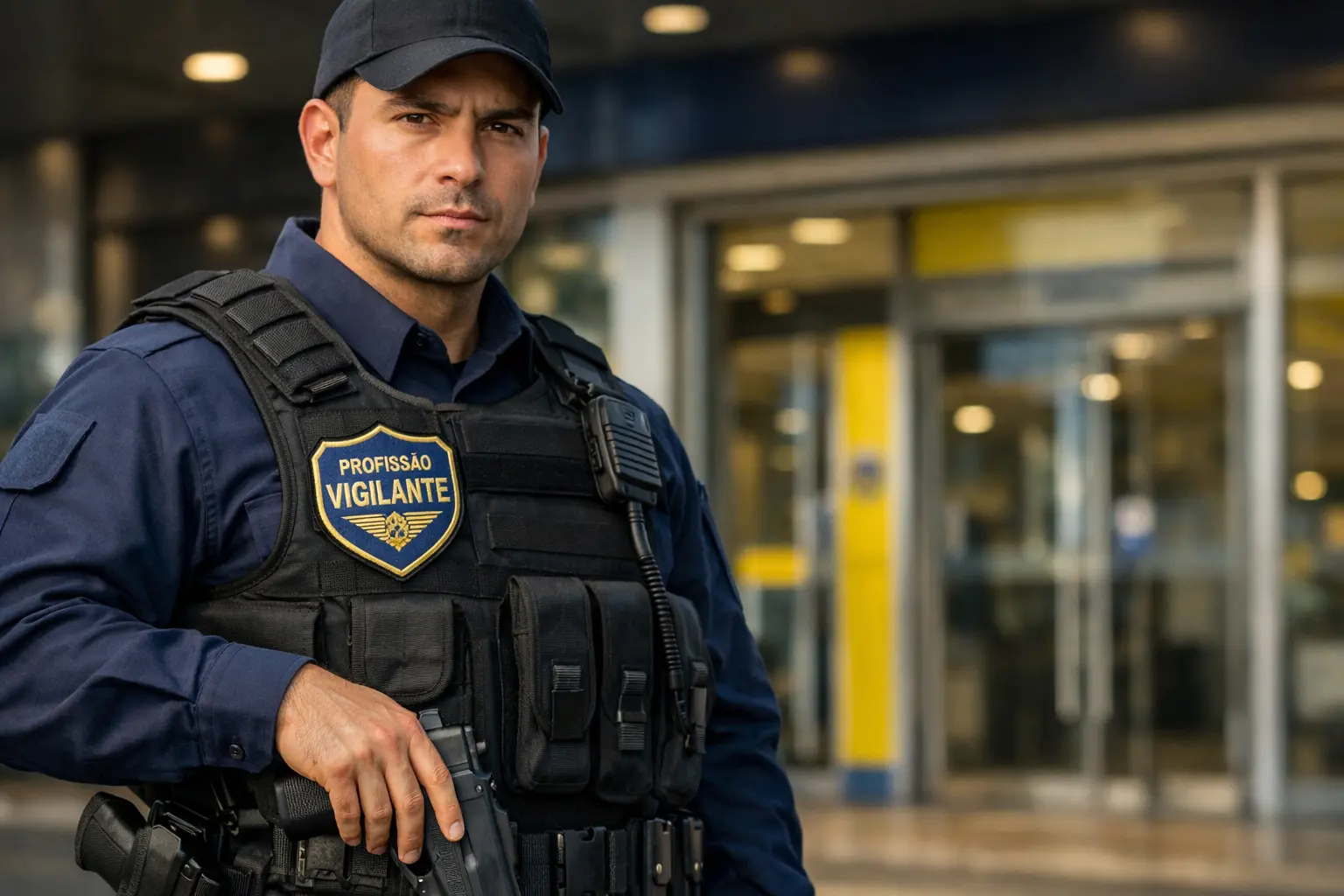 Porte de Arma do Vigilante: O Guia Definitivo sobre Direitos, Leis e a Realidade das Ruas 1 Vigilante uniformizado e armado em serviço focado no porte de arma do vigilante no posto de trabalho.